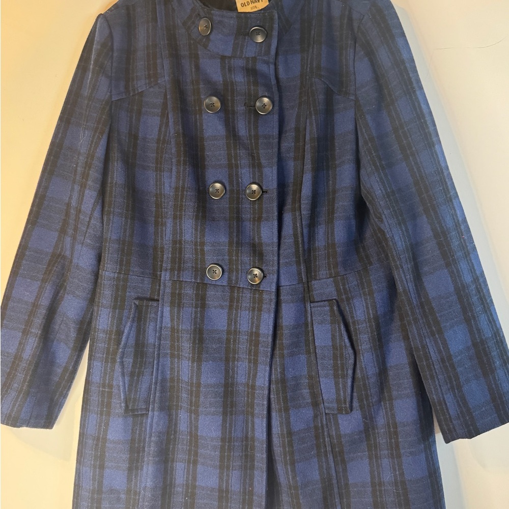 Old Navy Blue and Black Plaid Pea Coat